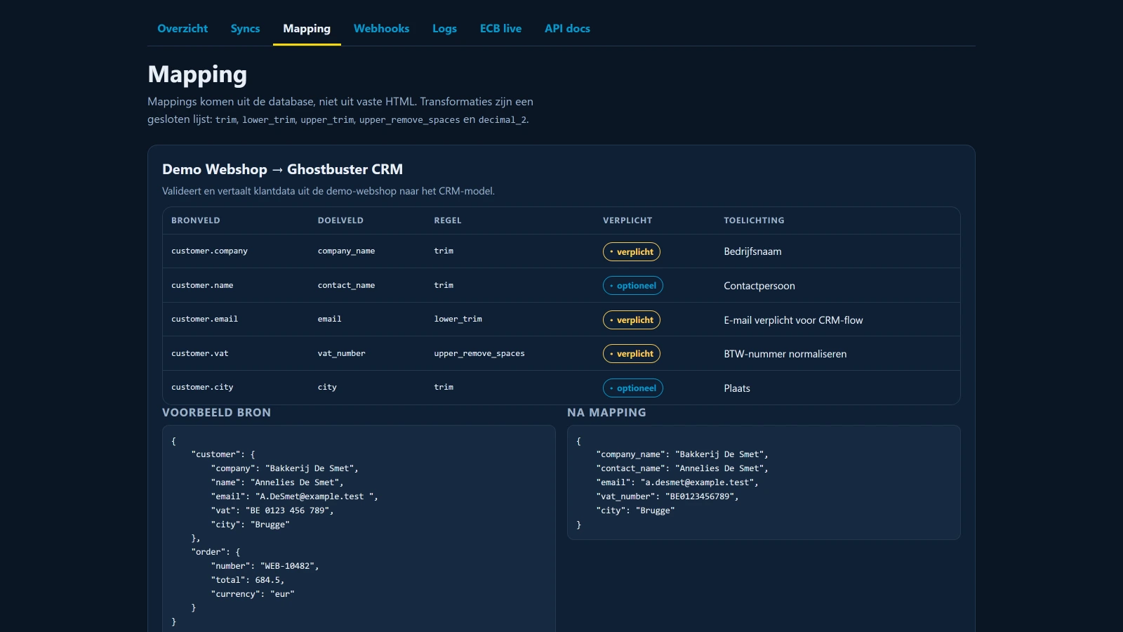 Ghostbuster API-demo met veldmapping tussen bron- en doelsysteem