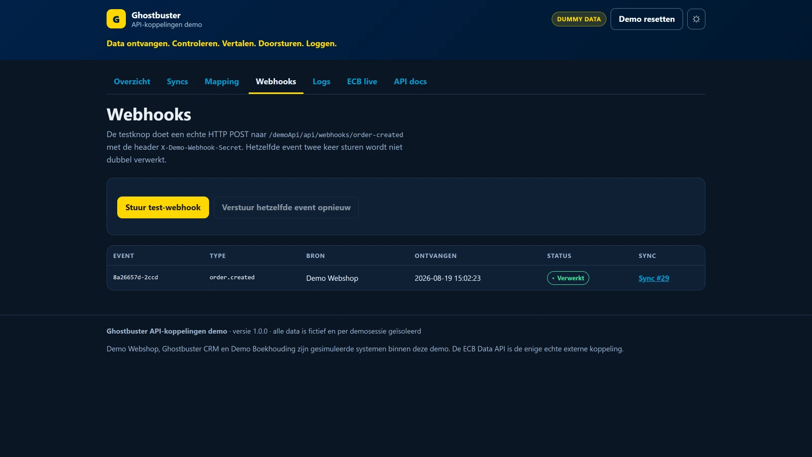 Ghostbuster API-demo met ontvangen webhook-event en verwerkingsstatus